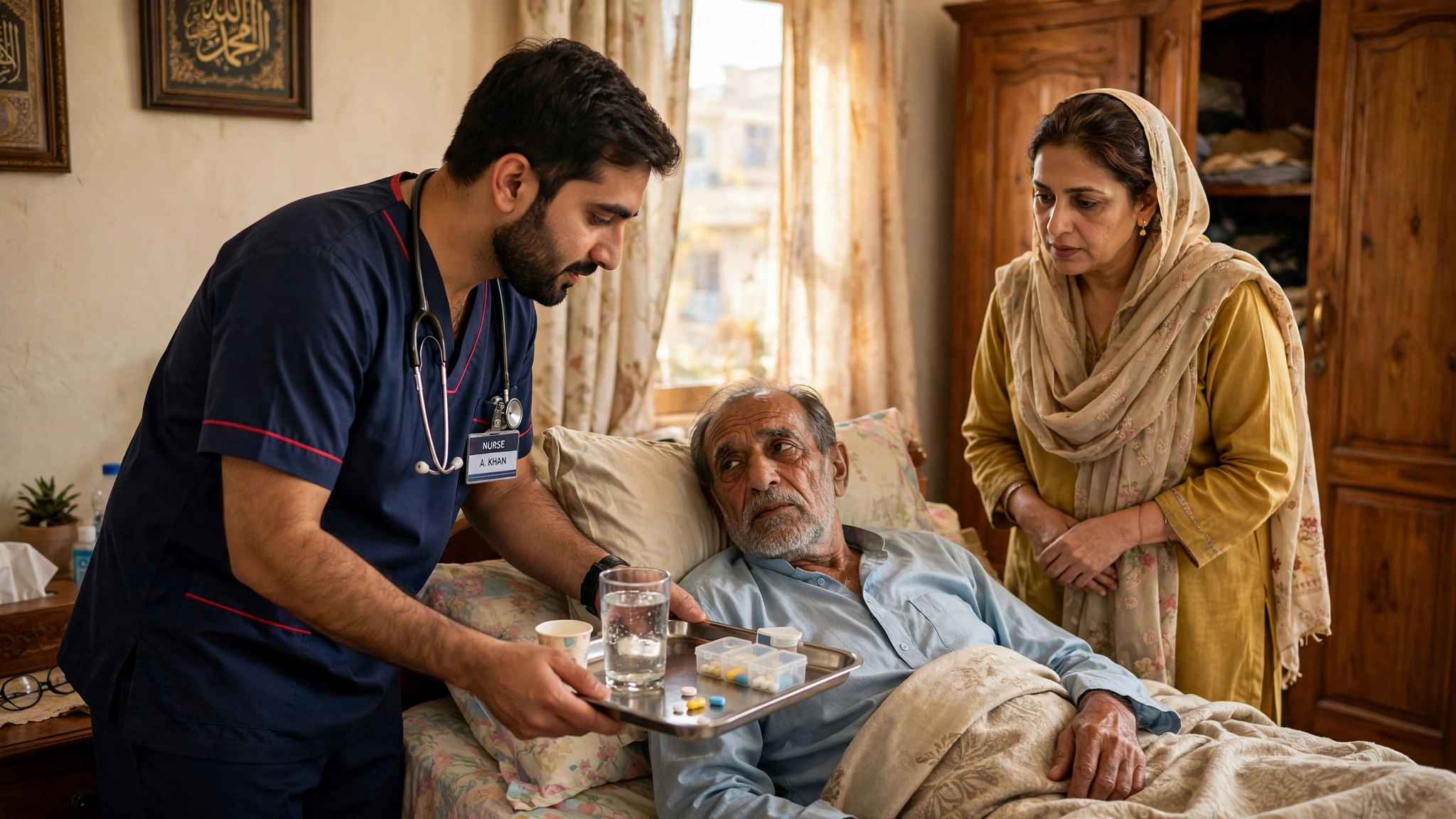 best home nursing services karachi - nurse giving medicine and water to patient at home
