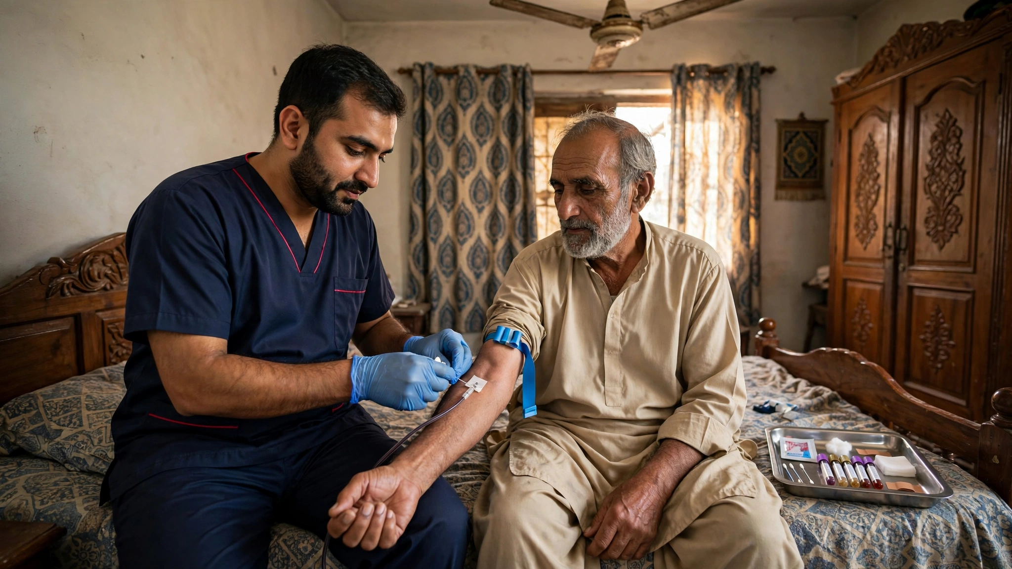 Home nursing services Bahadurabad Karachi - Pakistani nurse taking blood test at home
