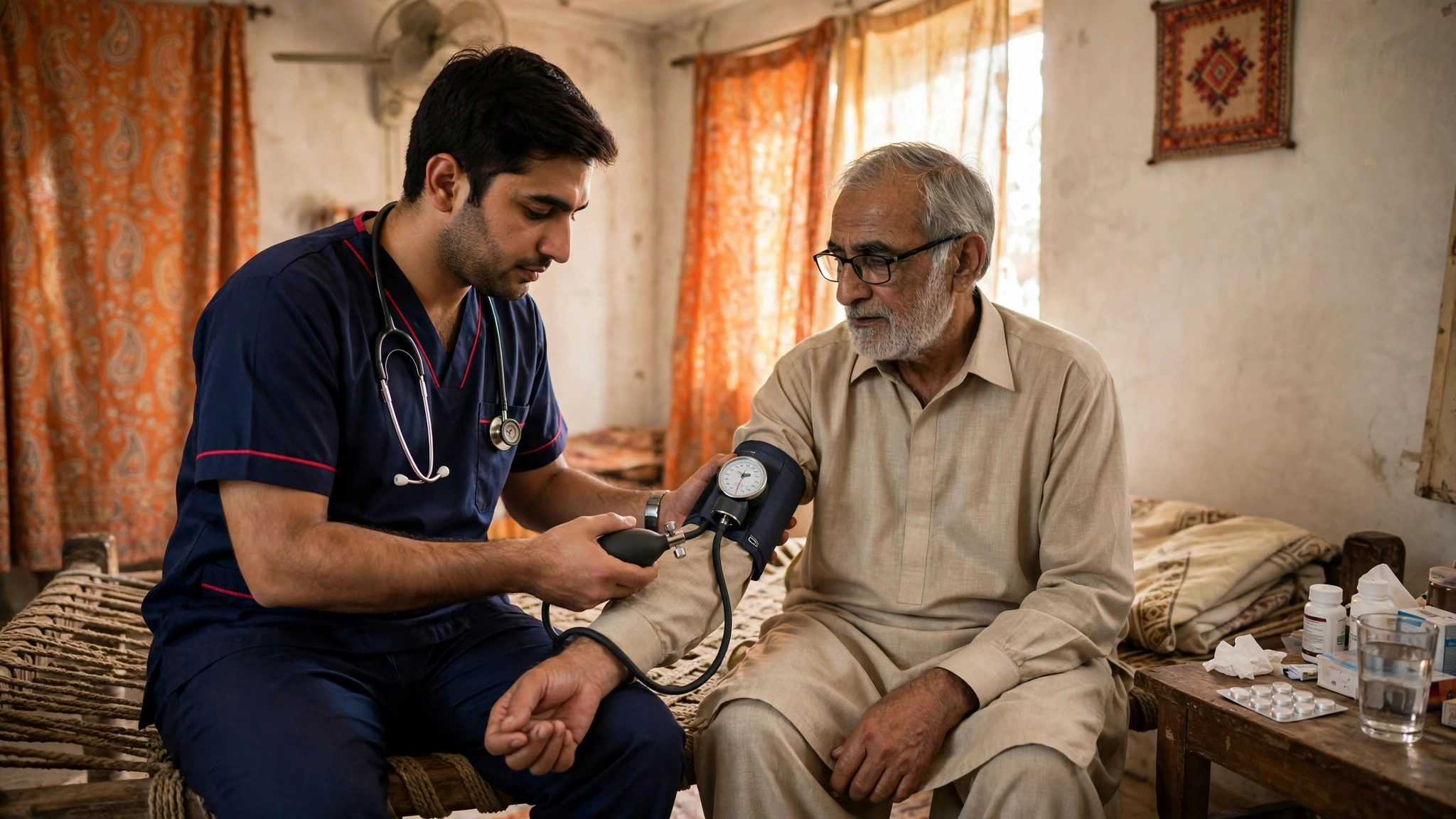 Home nursing services Bahadurabad Karachi - nurse checking blood pressure during home visit