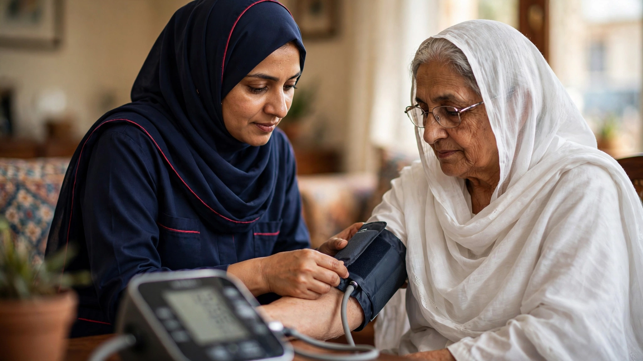 Home nursing services Bahadurabad Karachi - nurse measuring blood pressure of elderly patient at home