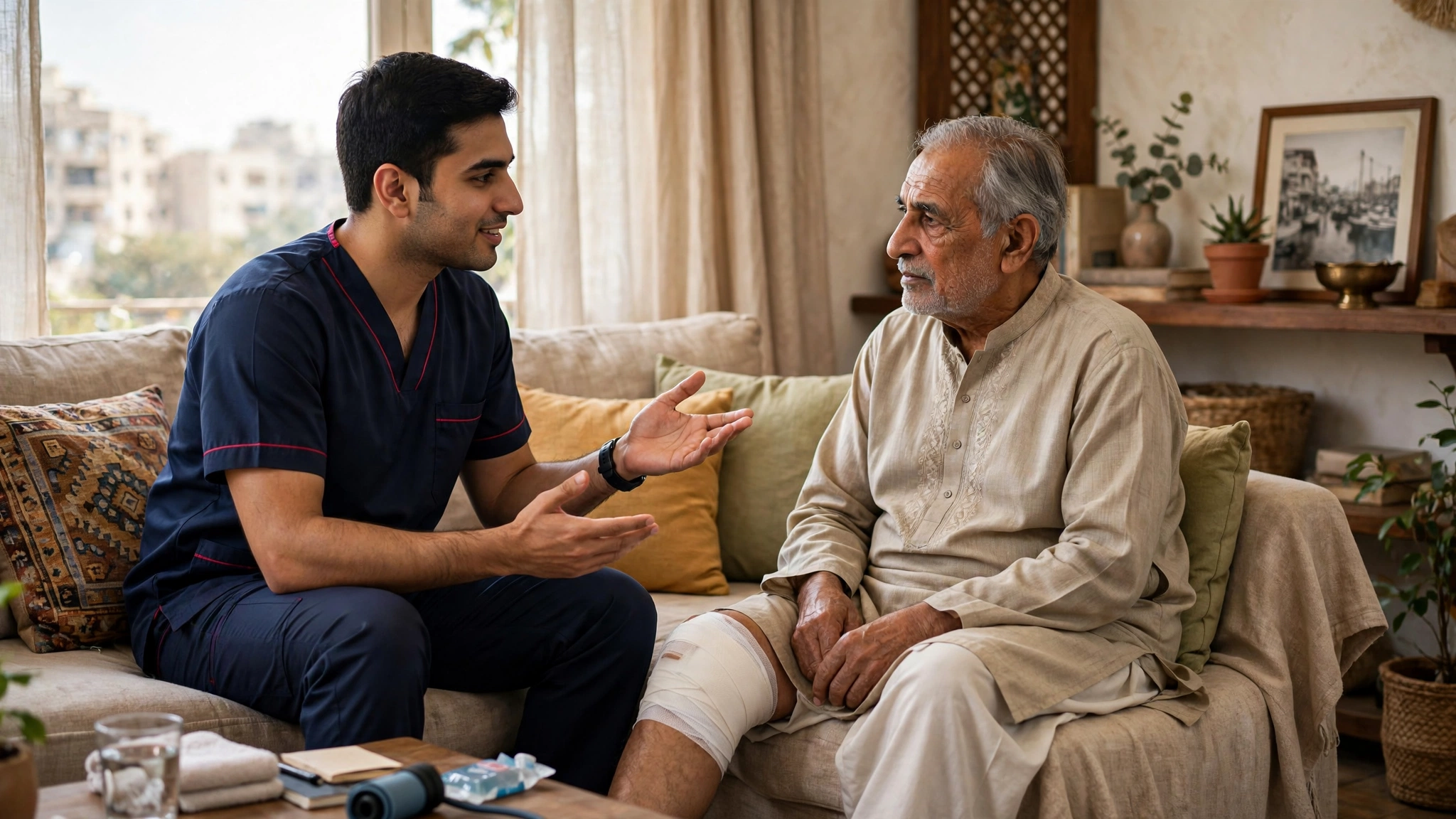 Pakistani physiotherapist discussing knee recovery plan with patient at home in Karachi