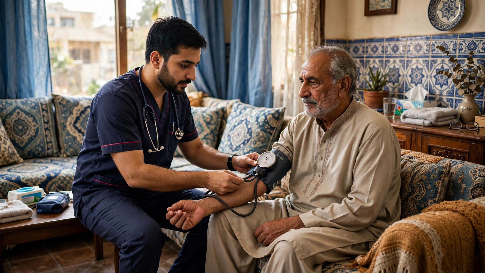 Pakistani female nurse checking blood pressure of elderly patient at home in Karachi