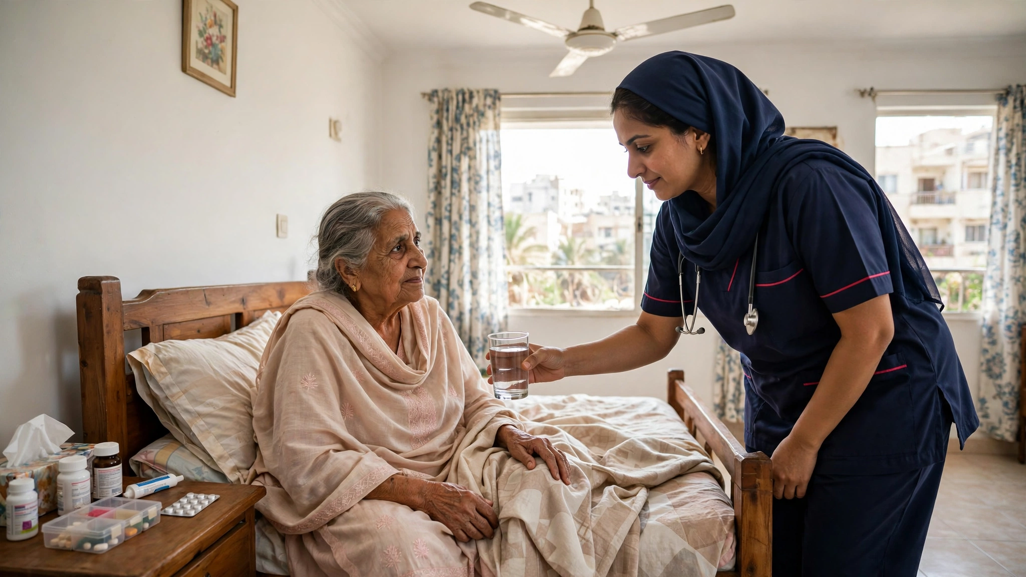 Pakistani male nurse helping elderly patient at home in Karachi
