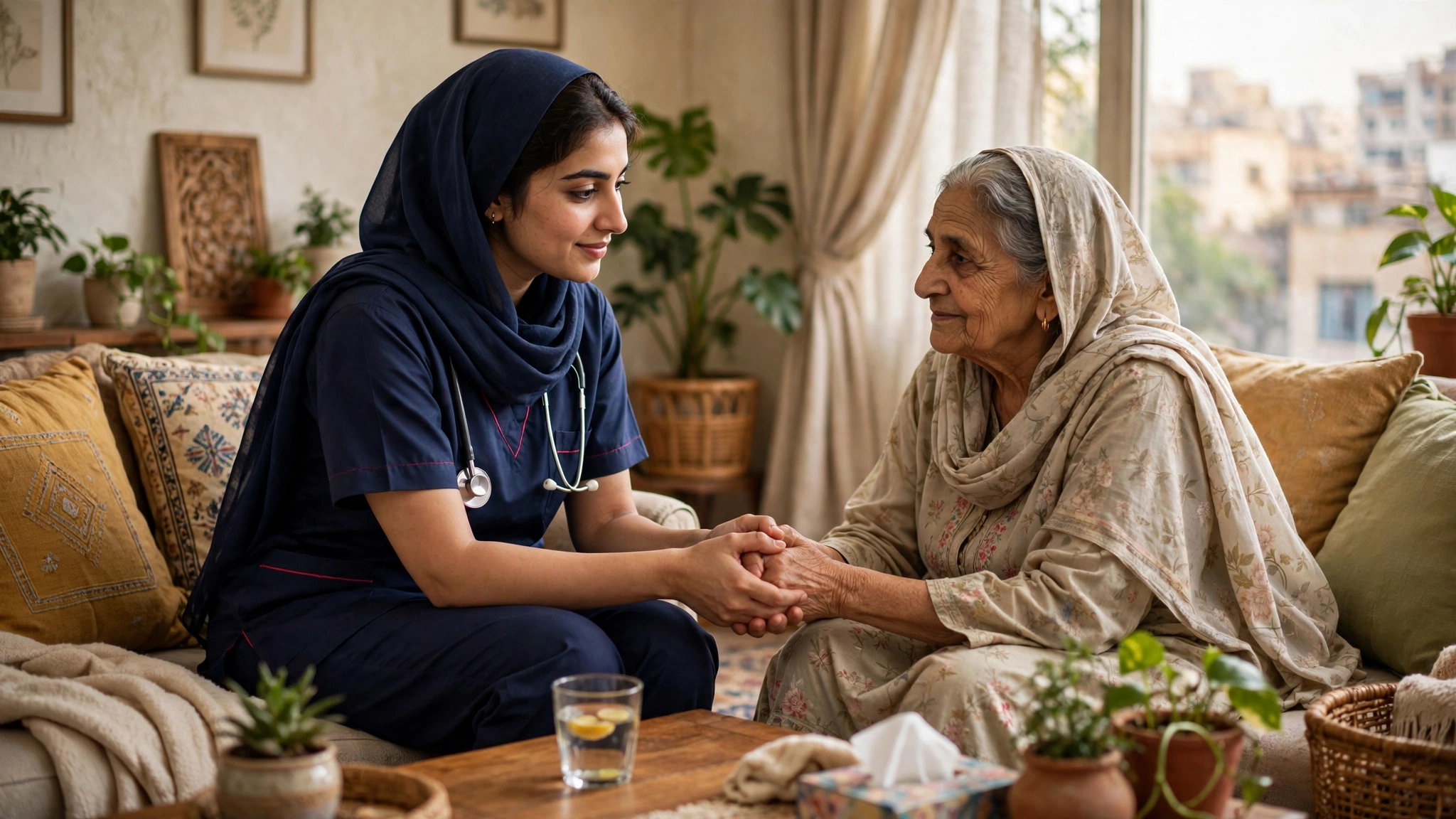 Pakistani female nurse holding hand of elderly woman patient at home