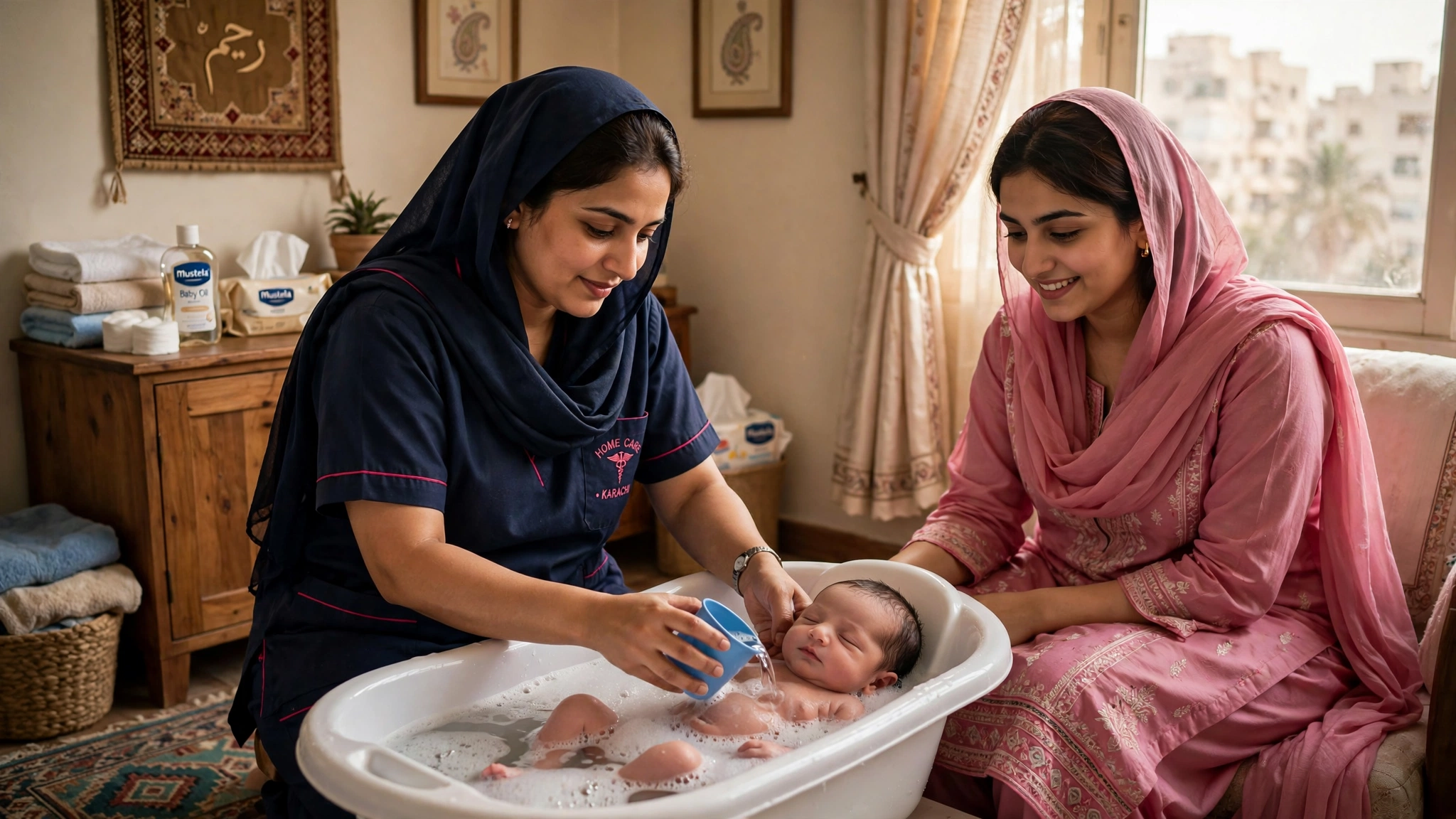 Nurse bathing newborn baby at home in Clifton Karachi