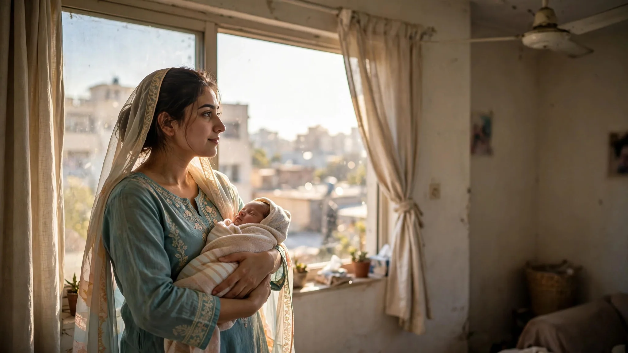 Pakistani mother holding newborn baby near window at home in Clifton Karachi