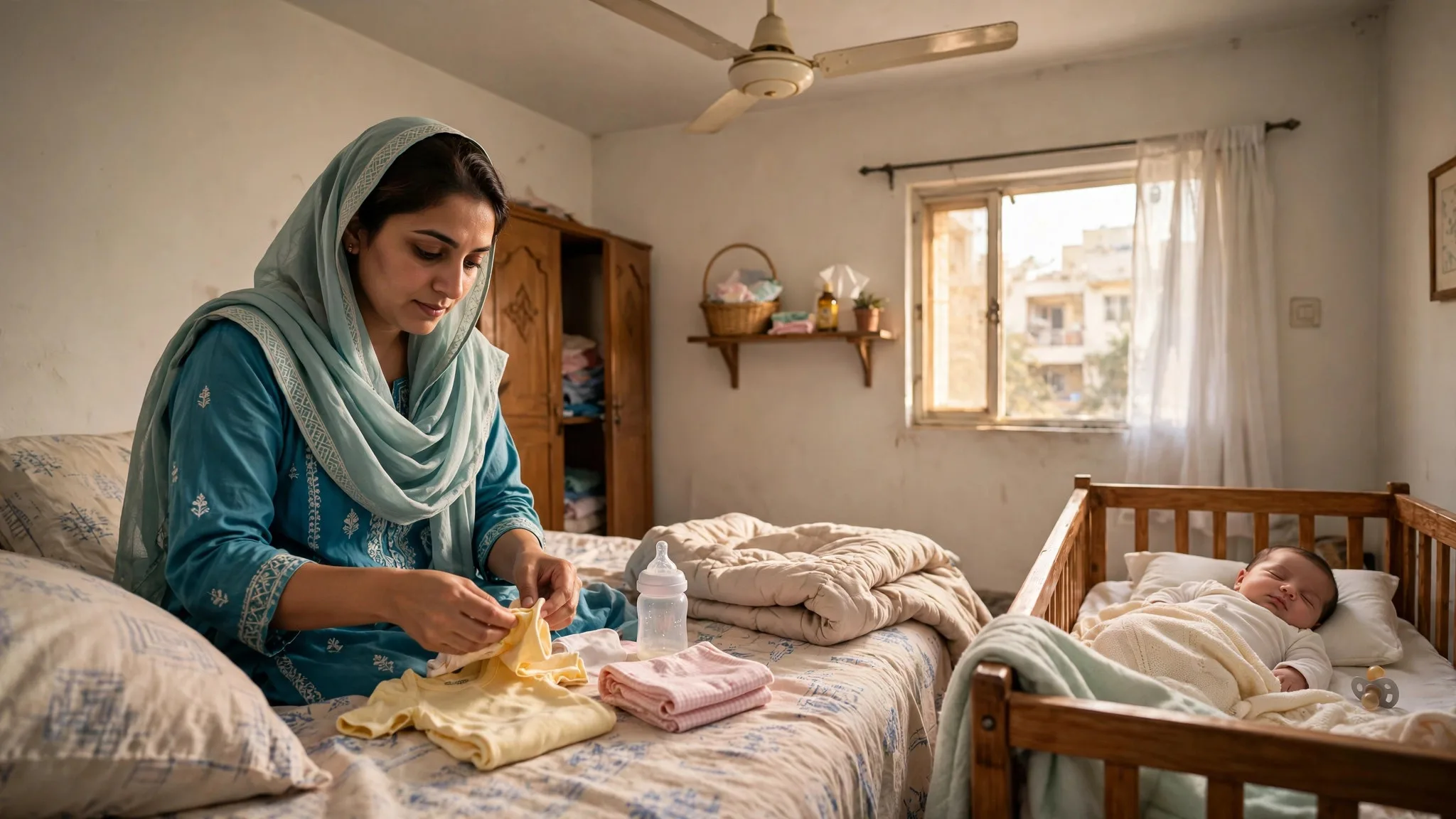 Caregiver preparing baby essentials at home in Clifton Karachi