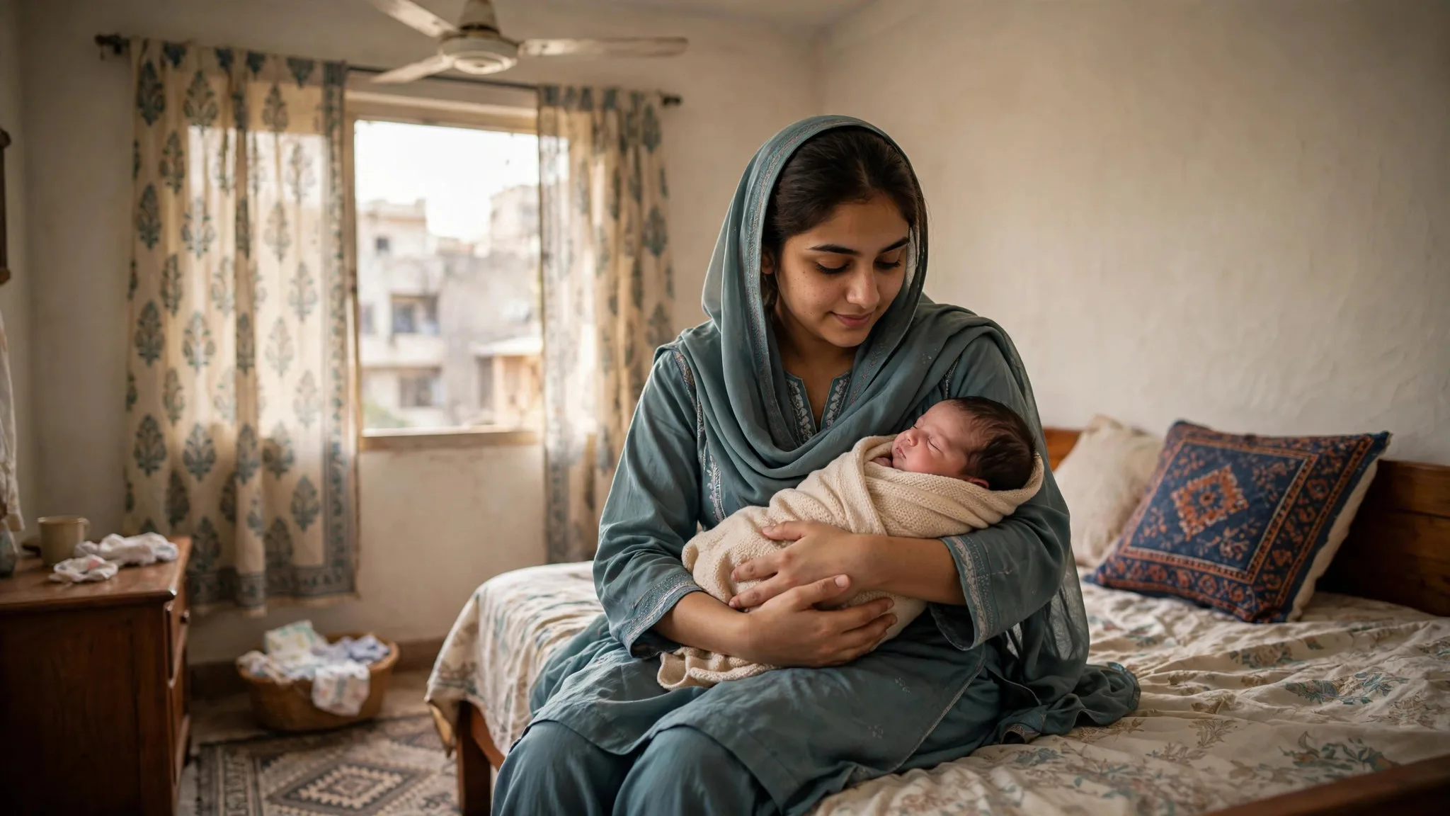 Pakistani mother holding newborn baby at home in DHA Karachi