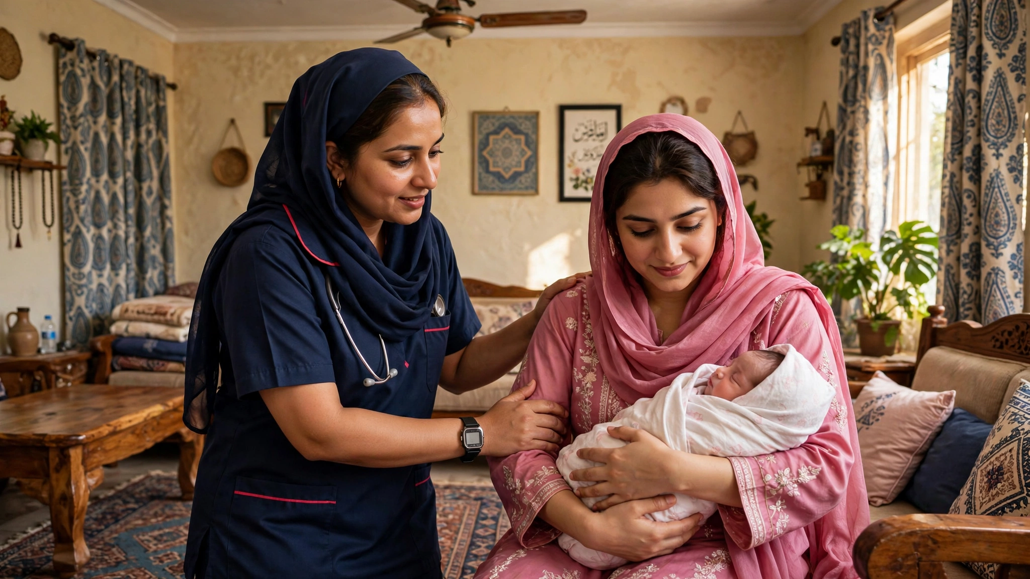 Nurse guiding new mother with newborn care at home in DHA Karachi