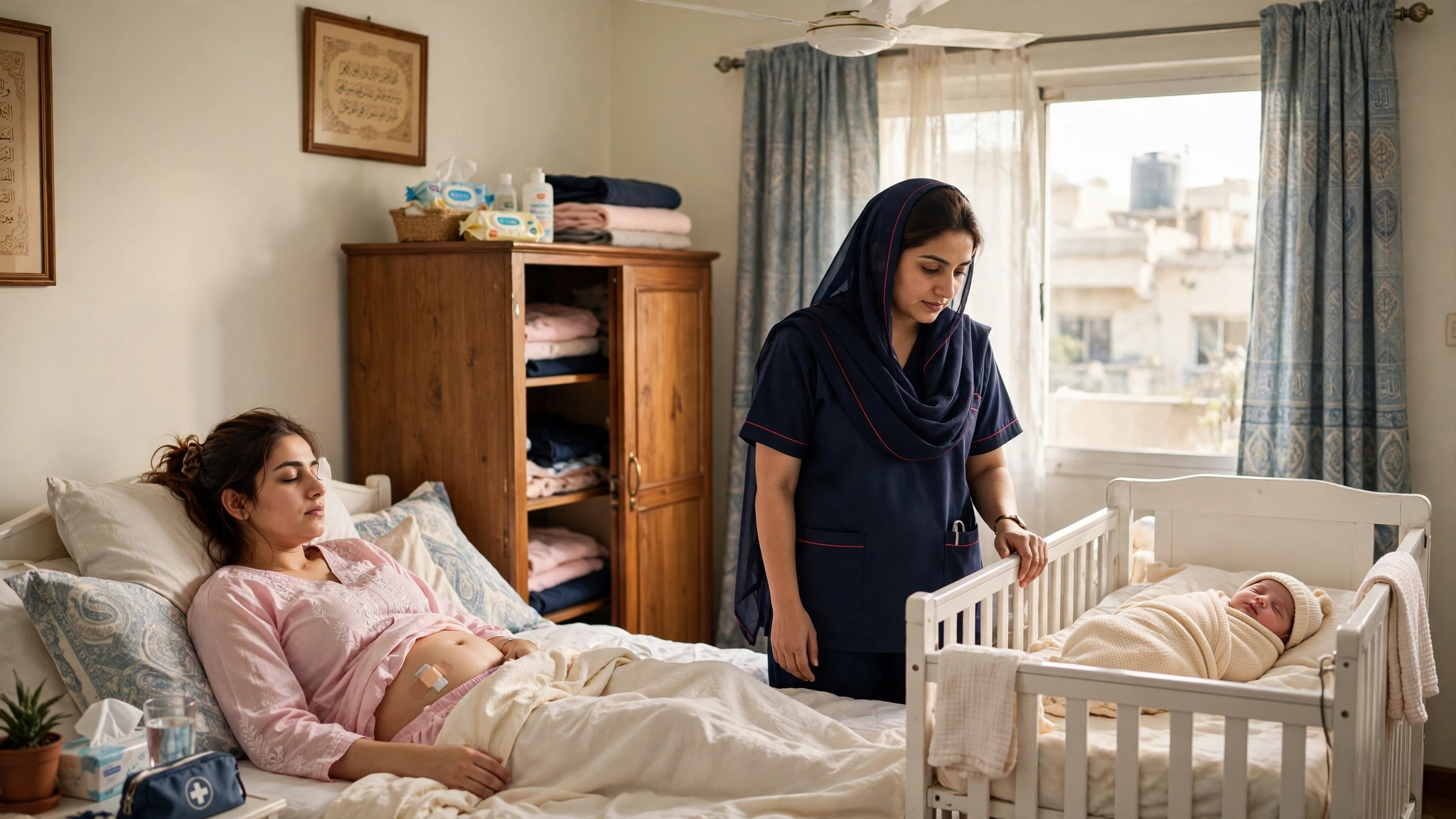 New mother resting while caregiver watches newborn in DHA Karachi
