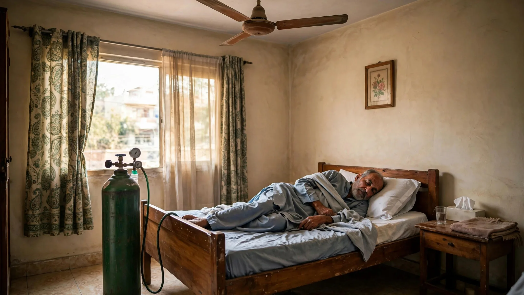 Oxygen cylinder beside patient bed at home in Karachi