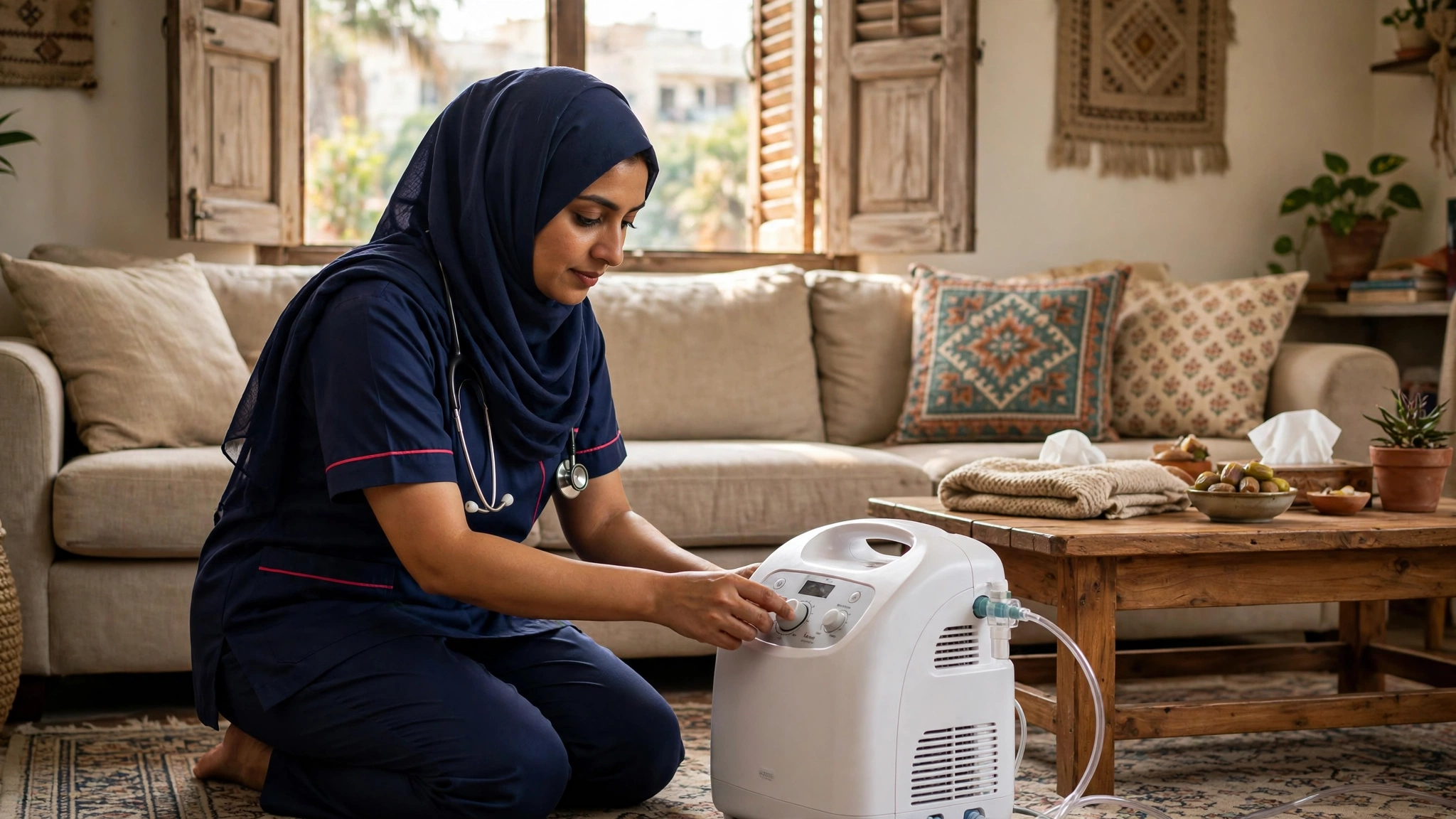 Oxygen concentrator machine set up in a Karachi home living room