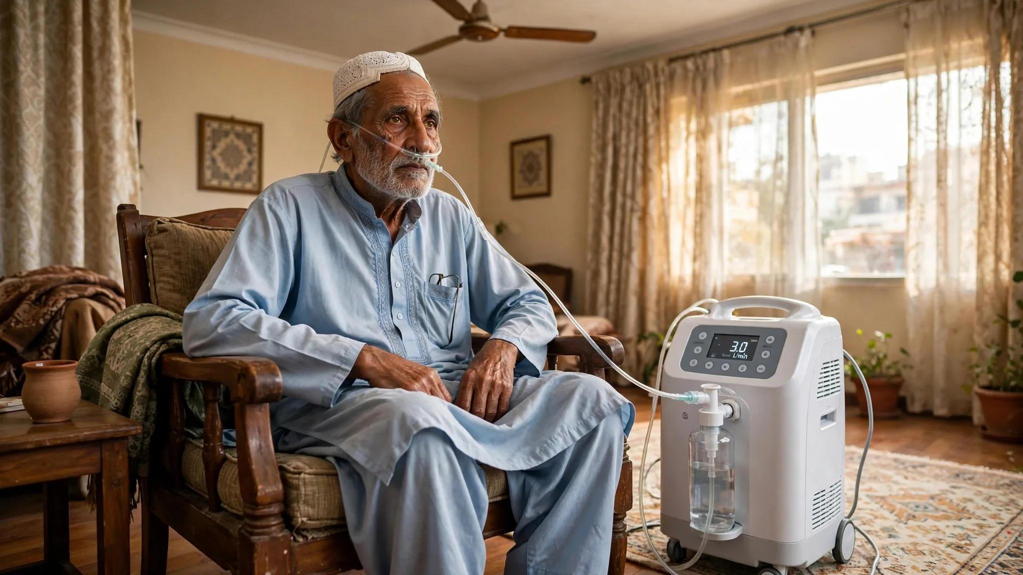 Elderly patient using oxygen concentrator with nasal cannula at home in Karachi