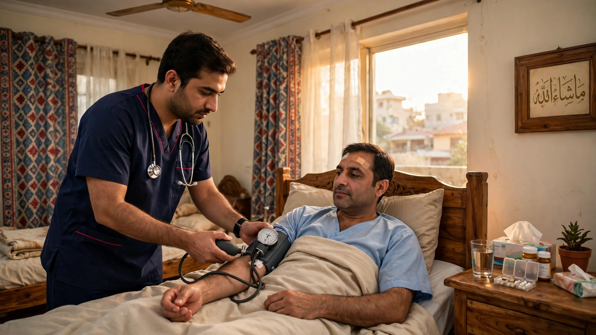 post surgery care at home karachi - nurse checking blood pressure of recovering patient at home