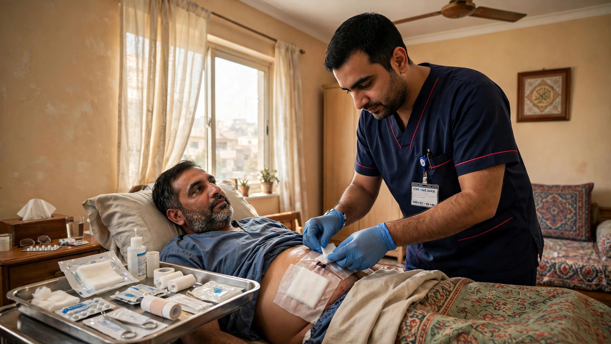 post surgery care at home karachi - nurse changing surgical wound dressing at home