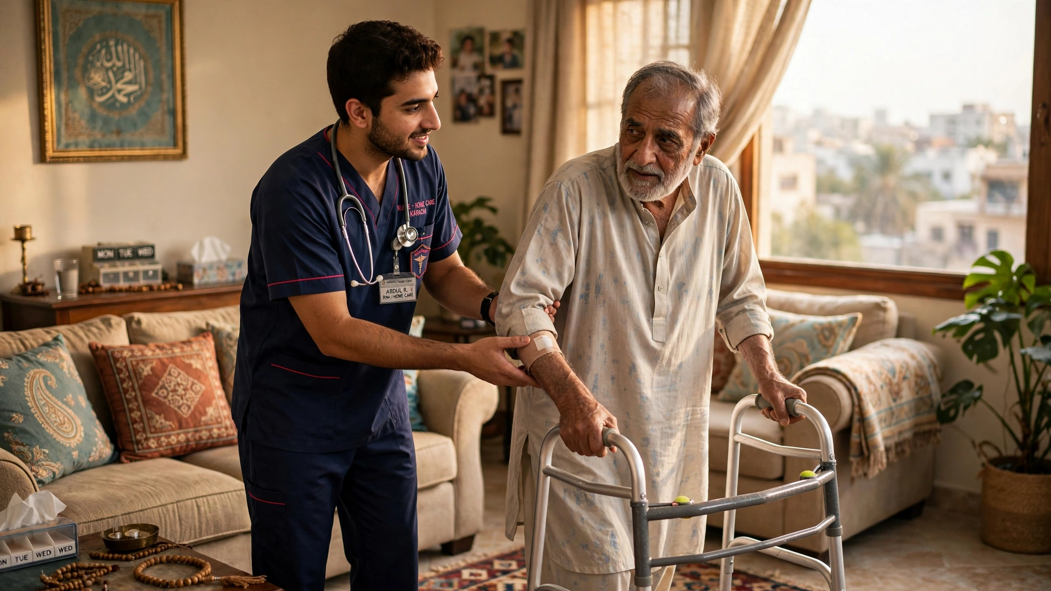 post surgery care at home karachi - patient doing recovery walk with caregiver support
